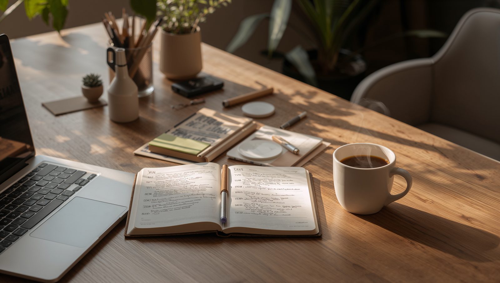Escritorio de trabajo con laptop, libreta, agenda abierta y una taza de café, ambiente cálido de estudio jurídico