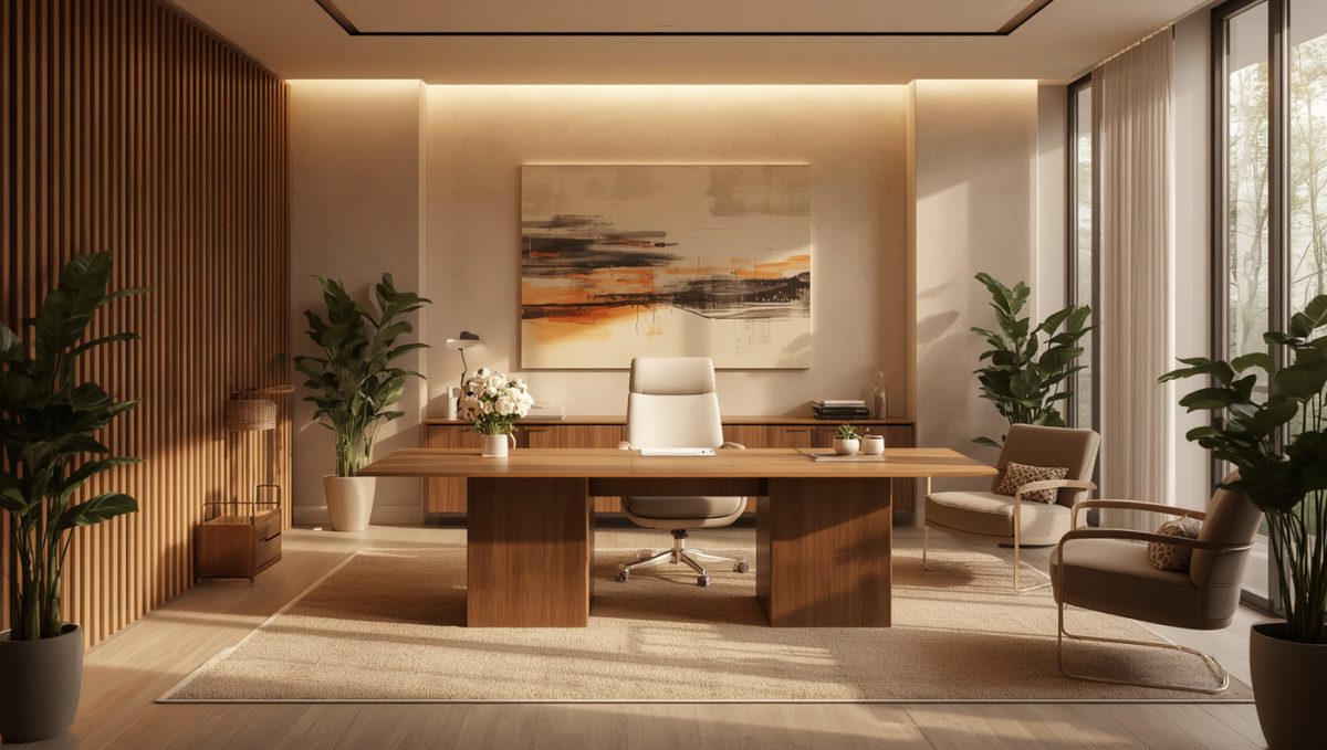 Sala de reuniones del estudio jurídico, con sillones de cuero, mesa de madera y plantas